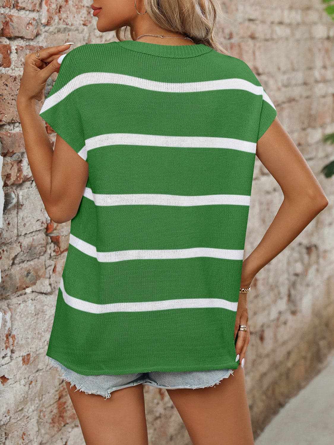 Chic striped knit top - round neck, short sleeves - Love Salve